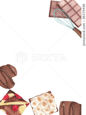 chocolate brownie drawn by watercolor, hand drawn artistic painting illustration, aquarelle dessert frame 86379496