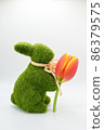 Green grass bunny presenting a tulip flower. 86379575