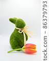 Green grass bunny brought an orange tulip flower. 86379793