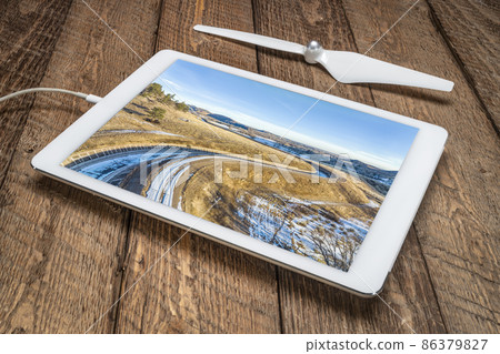 water diversion ditch at Colorado foothills - aerial view 86379827