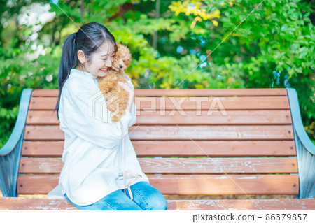 女性在公園裡玩狗（擁抱） 86379857