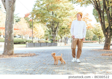 A man playing with a dog in the park (whole body) 86380522