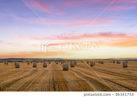 Straw bales stacked in a field at summer time, Reims, France 86381738