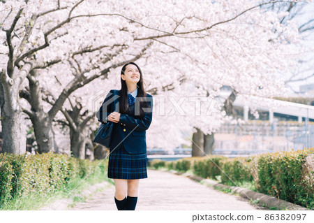 在櫻花樹街上上學的女高中生 86382097
