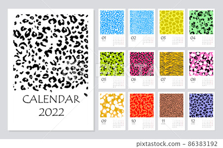 2022 calendar planner with abstract modern leopard pattern. Corporate week. Template layout, 12 months yearly. Simple design for business brochure, flyer, print media, advertisement. A2 size 2022 calendar planner with abstract modern leopard pattern. Corporate week. Template layout, 12 months yearly. Simple design for business brochure, flyer, print media, advertisement. A2 size 86383192