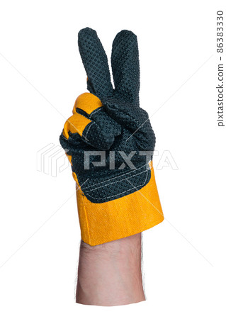 Hand in construction glove. Two fingers up. Symbol or sign. Object for colossing. Isolated on white 86383330