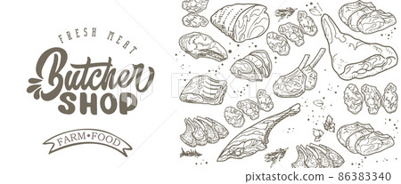 Collection of raw meat in vintage engraving style Collection of raw meat in vintage engraving style 86383340