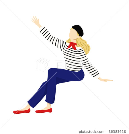 French fashion woman sitting and raising hands no facial expression French fashion woman sitting and raising hands no facial expression 86383618