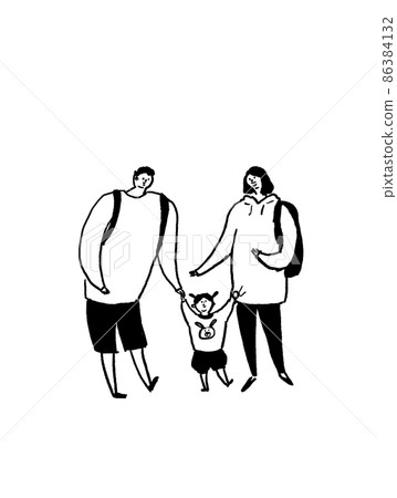 兒童（女孩）和爸爸、媽媽、家庭、線條圖（垂直、居中） 86384132