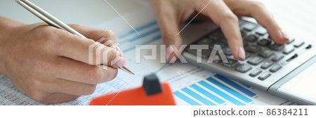 Woman makes calculations on calculator for buying house on credit Woman makes calculations on calculator for buying house on credit 86384211