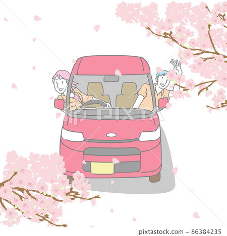 一對夫婦從輕型汽車上看櫻花的插圖 一對夫婦從輕型汽車上看櫻花的插圖 86384235