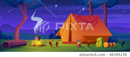 Summer camp with bonfire and tent at night Summer camp with bonfire and tent at night 86384236
