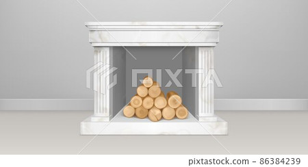 White marble fireplace with pile of logs 86384239