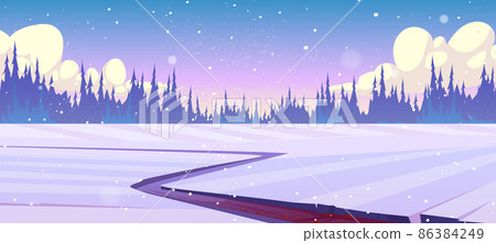 Winter landscape with snow, road and forest Winter landscape with snow, road and forest 86384249