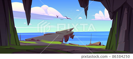 Cave sea landscape, hole in mountain, rock cliff Cave sea landscape, hole in mountain, rock cliff 86384250