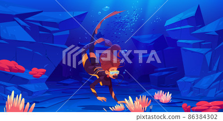 Young woman scuba diver explore sea bottom corals Young woman scuba diver explore sea bottom corals 86384302