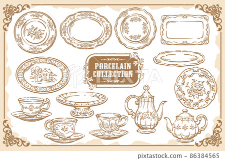 一套仿古陶器、畫盤、茶壺等。矢量圖素材 86384565