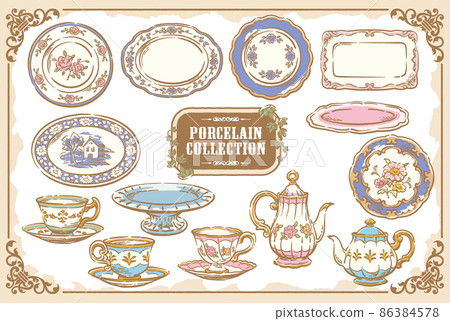 A set of antique pottery, picture plates, teapots, etc. Vector illustration material 86384578