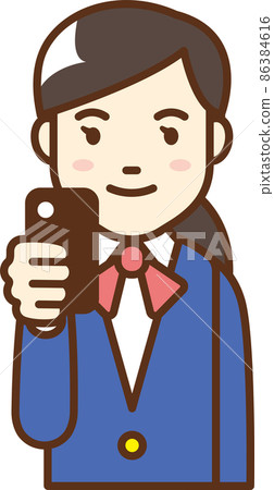 Illustration of a woman in uniform holding a smartphone 86384616