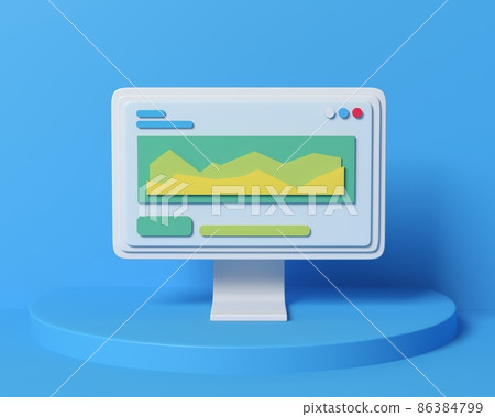 Computer on a pedestal with information and a data diagram. The topic of business analytics, finance, online marketing, data analysis and the concept of web development. 3d rendering illustration. Computer on a pedestal with information and a data diagram. The topic of business analytics, finance, online marketing, data analysis and the concept of web development. 3d rendering illustration. 86384799