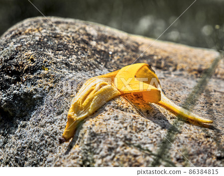 Carelessly discarded banana peel on a granite rock in nature, environmental pollution Carelessly discarded banana peel on a granite rock in nature, environmental pollution 86384815