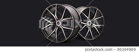 new stylish sports forged alloy wheels 22 diameter on a black background, beautiful rim and thin spokes cool wheels, long layout panoramic photo new stylish sports forged alloy wheels 22 diameter on a black background, beautiful rim and thin spokes cool wheels, long layout panoramic photo 86384969