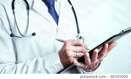 Clipboard hand medical background. Happy nurse in blue gloves, hospital uniform holding patient clipboard isolated on white. Medical service, consultation or education, healthy lifestyle banner. 86385009