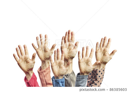 Close up males hands and females hands reach and ready to help or receive. Gesture isolated on white background with clipping path Close up males hands and females hands reach and ready to help or receive. Gesture isolated on white background with clipping path 86385603