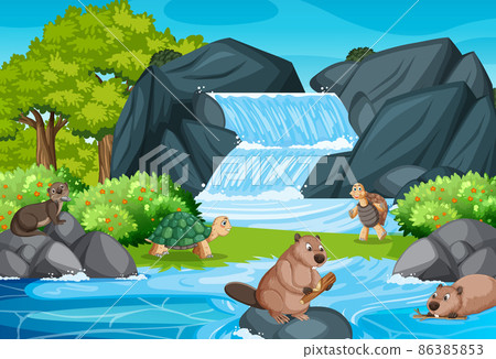 Forest nature background with beavers and tortoise 86385853