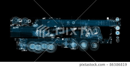 Digital Truck Crane Hologram. Transportation and Technology Concept Digital Truck Crane Hologram. Transportation and Technology Concept 86386819
