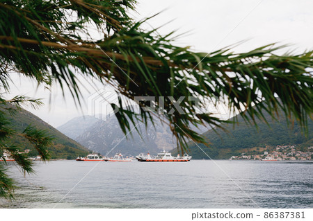View through green branches on ships sailing on the sea against the background of mountains 86387381