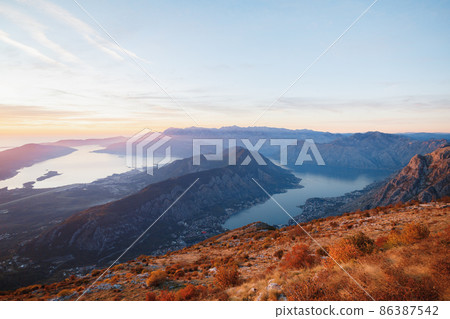 Beautiful sunset over the mountains around the Kotor Bay. Mount Lovcen 86387542