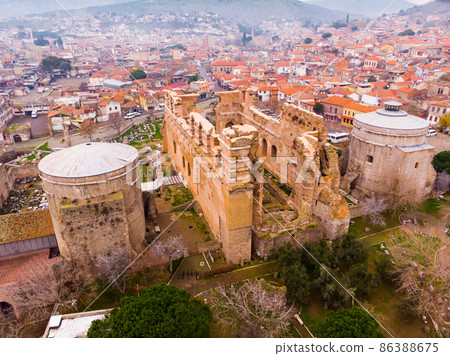 Aerial view of ruined temple of Pergamon Red Basilica, Bergama, Turkey Aerial view of ruined temple of Pergamon Red Basilica, Bergama, Turkey 86388675