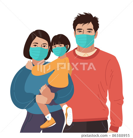 Mother Father daughter wear medical masks. Virus and disease prevention. Asian Persons. Vector Family illustration Mother Father daughter wear medical masks. Virus and disease prevention. Asian Persons. Vector Family illustration 86388955
