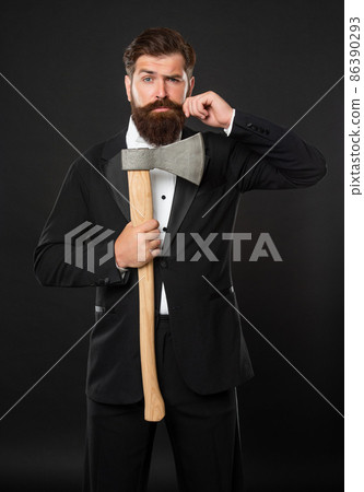 Barbershop. Bearded man twirl moustache. Brutal barber hold hatchet. Axe shave and haircut Barbershop. Bearded man twirl moustache. Brutal barber hold hatchet. Axe shave and haircut 86390293
