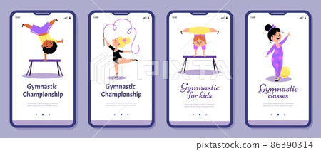 Gymnastics classes and championship event banners set, flat vector illustration. Gymnastics classes and championship event banners set, flat vector illustration. 86390314