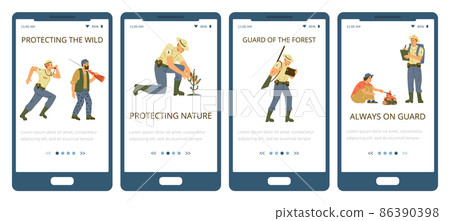Onboarding mobile pages kit for rangers forces, flat vector illustration. Onboarding mobile pages kit for rangers forces, flat vector illustration. 86390398