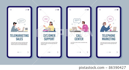 Telephone marketing hotline set of mobile screens, flat vector illustration. Telephone marketing hotline set of mobile screens, flat vector illustration. 86390427