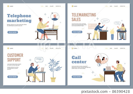 Telephone marketing and customer support web banners set, vector illustration. 86390428