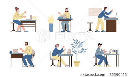 Telephone operators on hotline with clients, flat vector illustration isolated. Telephone operators on hotline with clients, flat vector illustration isolated. 86390433