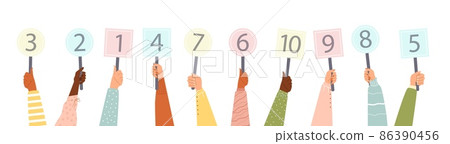 Hands holding score cards with numbers, flat vector illustration isolated. Hands holding score cards with numbers, flat vector illustration isolated. 86390456