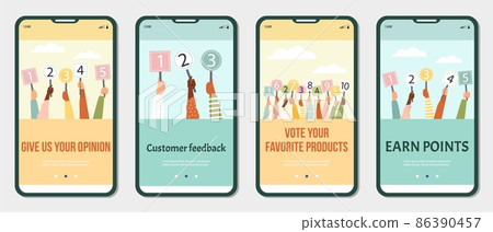 Customers feedback and opinion mobile onboarding page flat vector illustration. 86390457