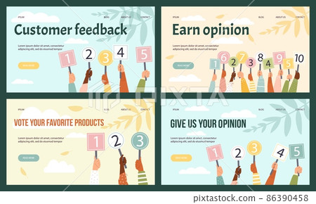 Feedback and earn opinion banners with score cards, flat vector illustration. Feedback and earn opinion banners with score cards, flat vector illustration. 86390458