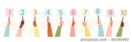 Hands holding score cards, flat vector illustration isolated on white. 86390460