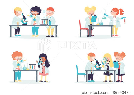 Smart kids do chemical experiments in science lab in flat vector illustration 86390481