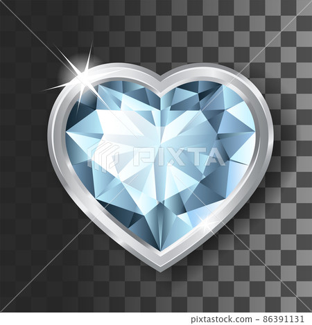 Shiny diamond crystal heart shape silver frame on transparent background. 86391131