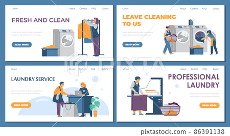 Laundry services. Set of vector flat illustrations of web templates for landing pages with laundry staff. 86391138