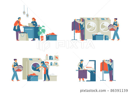 People in laundry service. Set of vector flat cartoon illustrations of characters of employees in laundry service. People in laundry service. Set of vector flat cartoon illustrations of characters of employees in laundry service. 86391139