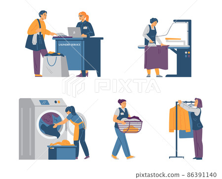 Laundry services. Set of vector flat cartoon illustrations of laundry employees who wash, iron, dry laundry and take orders. Laundry services. Set of vector flat cartoon illustrations of laundry employees who wash, iron, dry laundry and take orders. 86391140