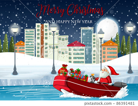 Merry Christmas poster with Santa delivering gifts by speedboat Merry Christmas poster with Santa delivering gifts by speedboat 86391481